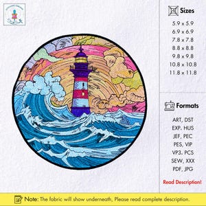 Colorful Lighthouse Embroidery Design Nautical Coastal Scene Machine Embroidery File Vibrant Ocean Waves & Sunset Sky Embroidery Pattern DST