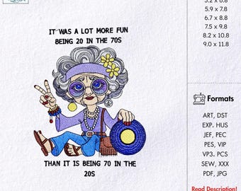 Funny Hippie Grandma Embroidery Design 70th Birthday Quote Machine Embroidery 70s Vibe Old Lady Design Funny Retro 70s Saying Embroidery PES