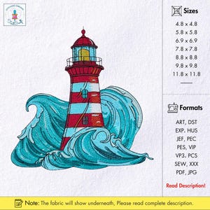 Lighthouse Embroidery Design Ocean Waves Machine Embroidery Pattern Red and White Lighthouse Embroidery Nautical  Coastal Lighthouse Design