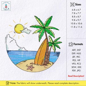 Tropical Beach Island Embroidery Design Summer Beach Scene Machine Embroidery Pattern Palm Tree Surfboard Sunset Ocean Embroidery File  PES