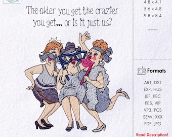 Diseños de bordado de ancianas Patrón de bordado de mujer atrevida Bordado de mujer divertida Bordado de damas divertidas Diseños de bordado de amigos locos