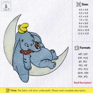 Sleeping Baby Elephant on Crescent Moon Embroidery Design Baby Elephant Embroidery Pattern Sleeping Dumbo Embroidery Dumbo on Moon Design