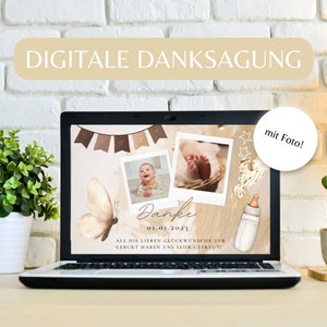 Tarjetas de agradecimiento individuales digitales con foto, bebé acción de gracias nacimiento neutro beige