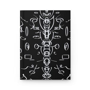 May include: A black journal with a white abstract design. The cover features a repeating pattern of swirling lines, circles, and geometric shapes. The journal has a clean, minimalist aesthetic.