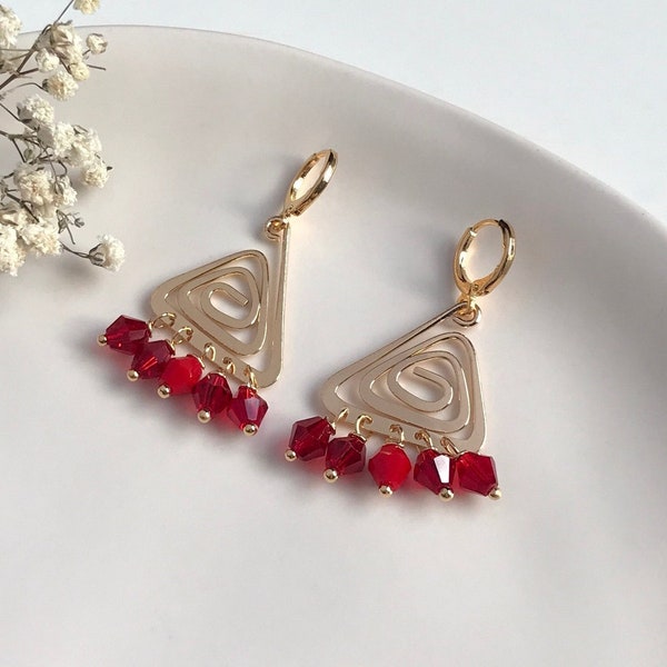 Red Beaded Spiral Triangle Earrings/ dark red transparent and opaque bicones/ brass gold color covered/ Italian Style