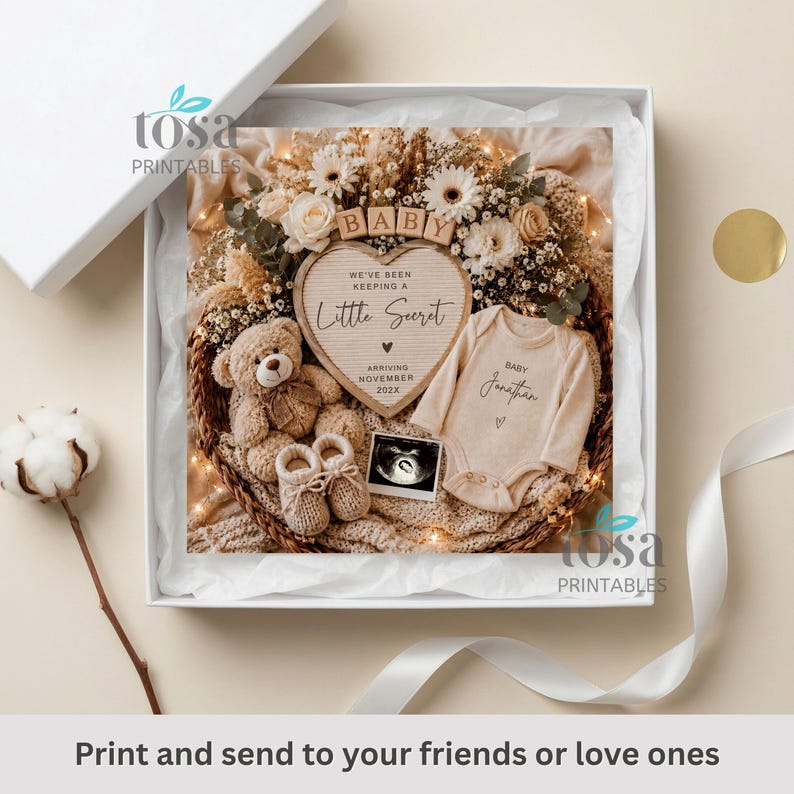 May include: A white gift box containing a wicker basket filled with dried flowers, a light brown teddy bear, a pair of beige knit booties, a heart-shaped sign reading "We've been keeping a little secret, arriving November 202X", and a baby onesie.