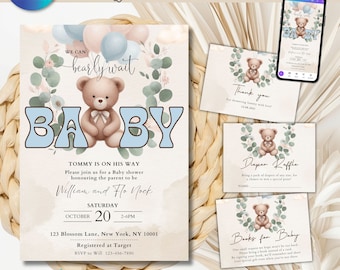 EDITABLE Gender Neutral Teddy Bear Baby Shower Invitation, We Can Bearly Wait Baby Shower Invite, Flower Bear Baby Shower Printable bundle