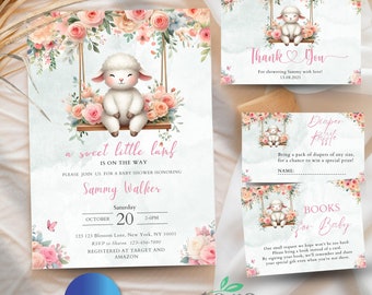 May include: A baby shower invitation featuring a charming cartoon lamb on a swing, surrounded by pink and white flowers. The invitation reads "a sweet little lamb is on the way" and includes the name Sammy Walker, the date, time, and location of the shower. It also states "Registered at Target and Amazon".
