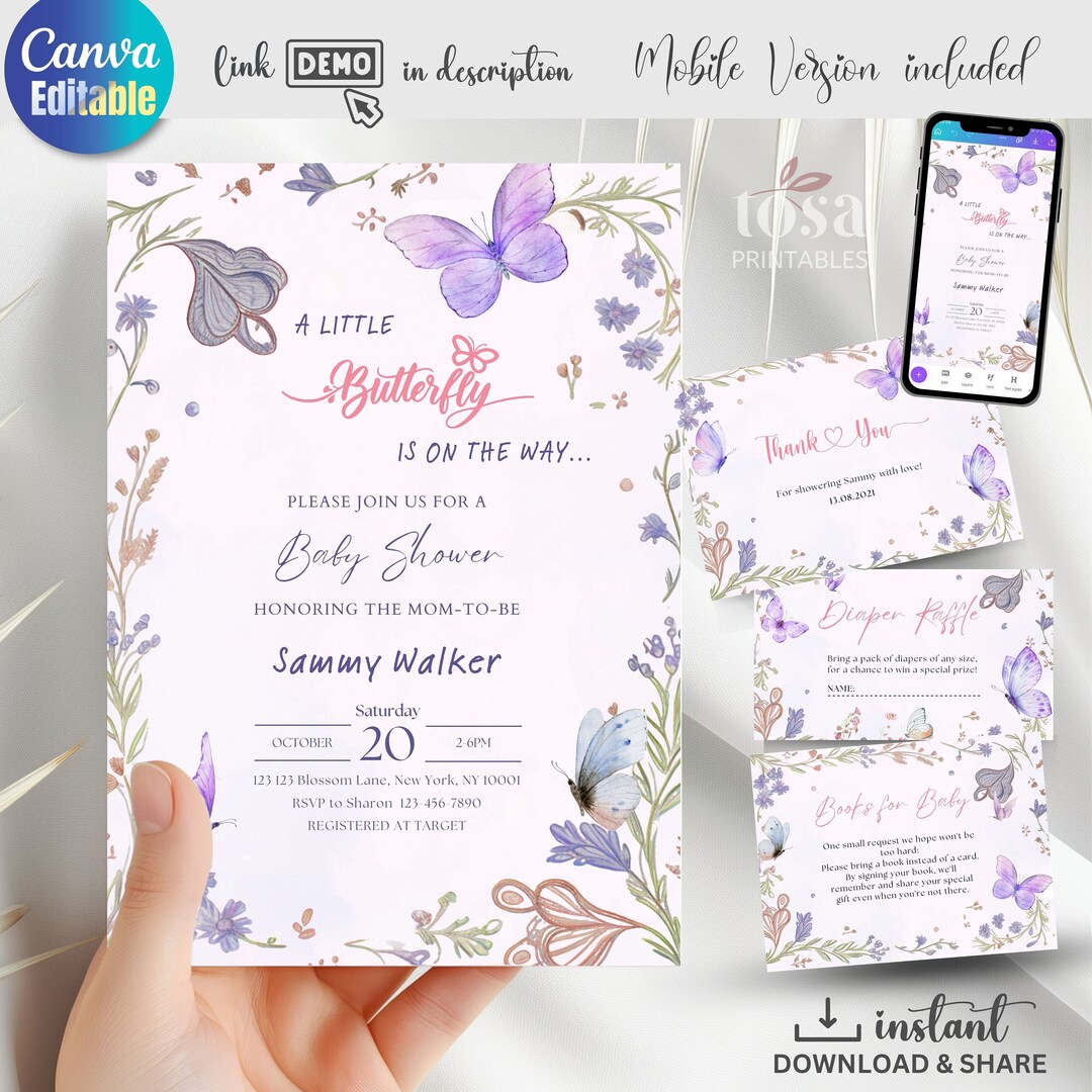 Butterfly Baby Shower Invitation Template: Purple Evite Set (canva ...