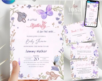 May include: A baby shower invitation with a floral design featuring butterflies and the text "A Little Butterfly is on the way..." The invitation includes the date, time, and location of the shower. It also includes a thank you card, a diaper raffle card, and a books for baby card.