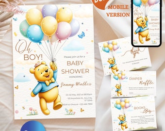 Convite para Chá de Bebê do Ursinho Pooh: Modelo Editável do Canva (Download Digital)