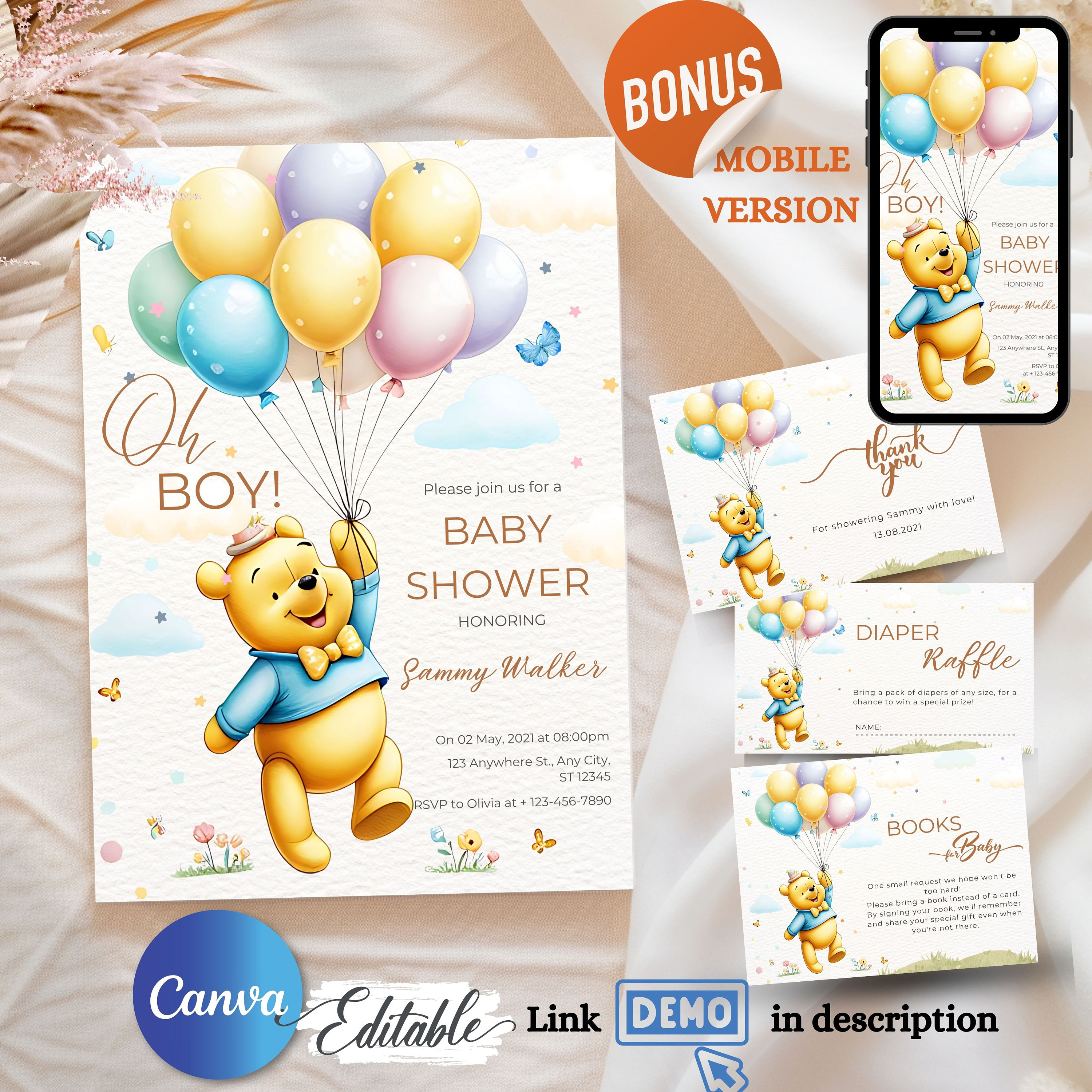 EDITABLE Classic Winnie the Pooh Baby Shower Invitation Template INSTANT DOWNLOAD Printable ...