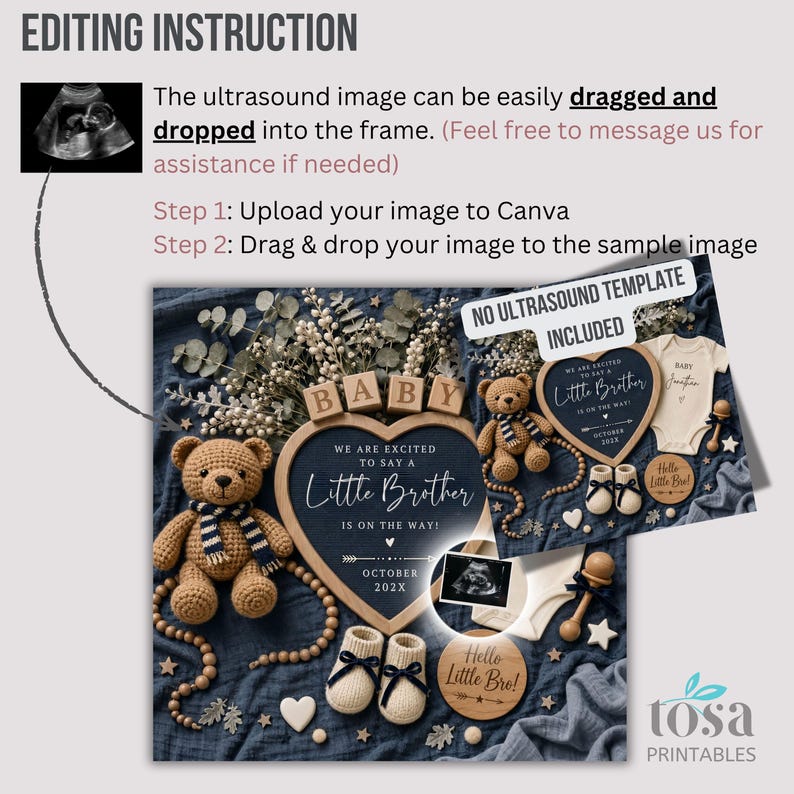 May include: A baby announcement template with a navy blue background. The design includes a heart-shaped frame with the text "Little Brother," teddy bears, baby booties, and wooden accents. The text "October 202X" is also included.