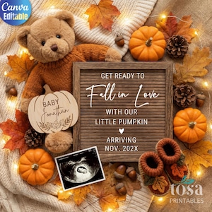 May include: A fall-themed pregnancy announcement with a teddy bear, pumpkins, and autumn leaves. The announcement includes the text "Get Ready to Fall in Love with Our Little Pumpkin Arriving Nov. 202X" and a sonogram image.