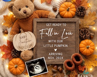 Fall Pregnancy Announcement Template, Little Pumpkin Pregnancy Announcement, Editable Autumn Baby Reveal Digital Canva Template Social Media