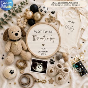 May include: A beige baby bodysuit with the text Baby Kinsley, a plush tan dog toy, a round letter board reading PLOT TWIST It's not a dog DUE JANUARY 202X, a sonogram, beige knit booties with heart patches, a dog collar, leash, and ball.