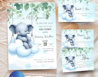 EDITABLE Green Elephant Baby Shower Invitation Template boy baby elephant invite Bundle  INSTANT DOWNLOAD Canva Template