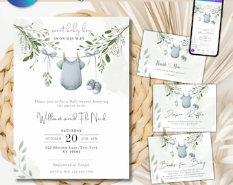 May include: A blue and green baby shower invitation with a watercolor design of a baby onesie and shoes hanging on a clothesline. The invitation includes the text "sweet baby boy is on his way" and details for the shower, including the date, time, location, and RSVP information.