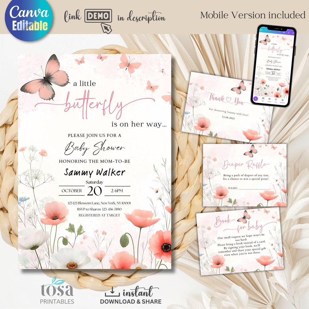 EDITABLE Pink Butterfly Baby Shower Invitation Template Instant ...