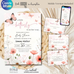 Pink Butterfly Baby Shower Invitation Template (Canva Editable, Digital Download)