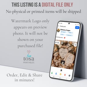 May include: A smartphone displaying a social media post with a baby announcement graphic featuring a teddy bear, baby clothes, and a heart-shaped sign. Text reads: THIS LISTING IS A DIGITAL FILE ONLY, No physical or printed items will be shipped.