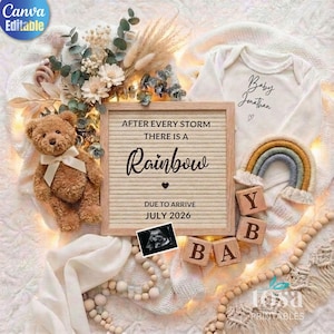 Boho Regenbogen Schwangerschaftsankündigung Digital, Neutral Baby Reveal Instagram, After Every Storm Zitat, bearbeitbare Miracle Baby Template Canva