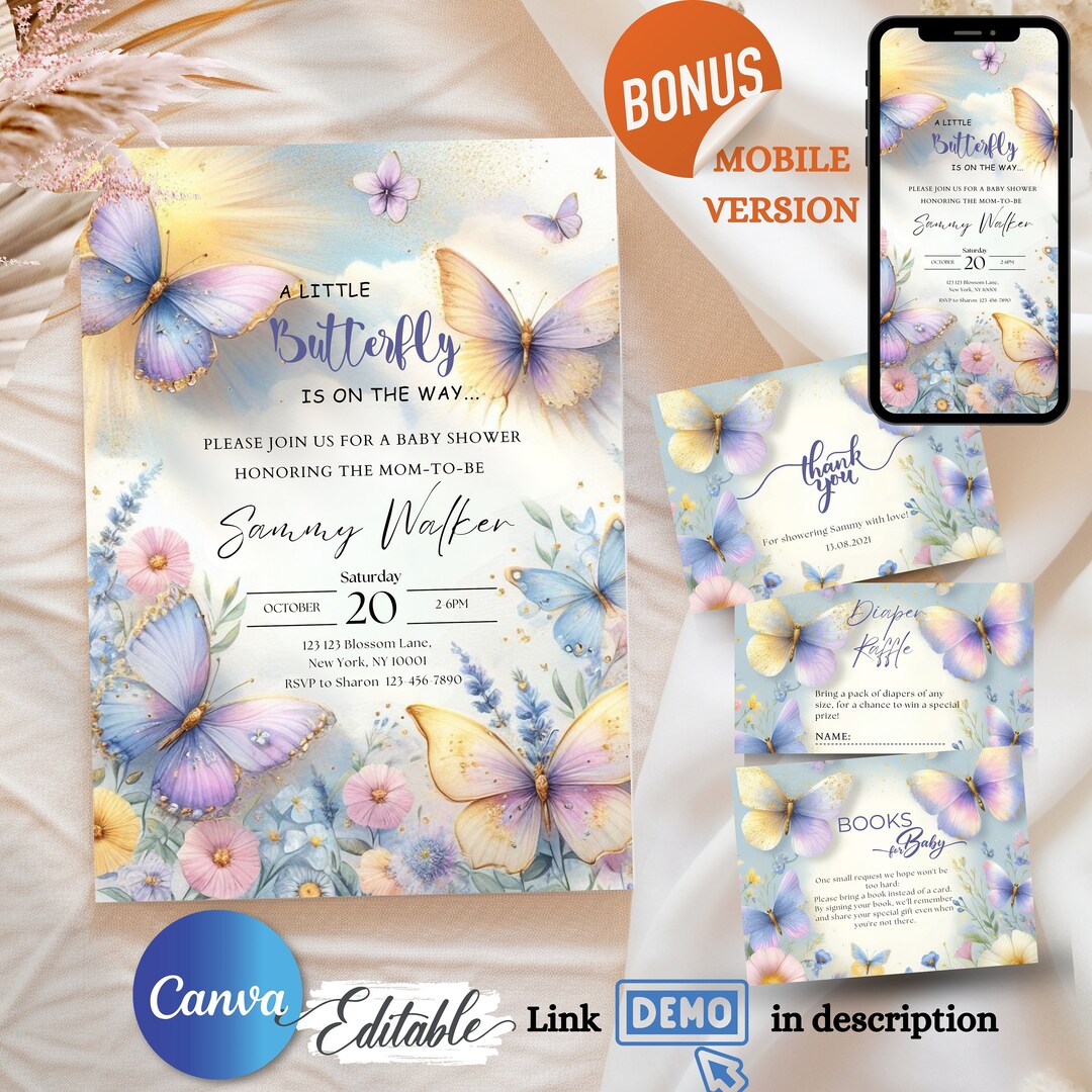 Butterfly Baby Shower Invitation Set: Editable Canva Template (digital ...