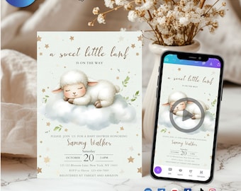 EDITABLE Neutral Lamb Baby Shower Invitation Template INSTANT DOWNLOAD Canva Template Sheep Baby Shower Invitation Video Invitation Digital