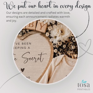 May include: A heart-shaped letter board with the text 'I'VE BEEN KEEPING A Little Secret' and a small heart icon. The board is surrounded by white flowers, wooden baby blocks, and a beige ribbed long-sleeve baby bodysuit. Text reads 'We put our heart in every design'.
