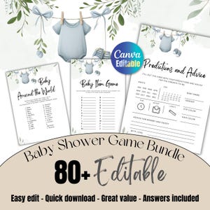 EDITABLE Boy Greenery Clothesline Baby Shower Games Bundle Template INSTANT DOWNLOAD Canva Boy Onesie Baby Shower Invitation Bundle TSP81