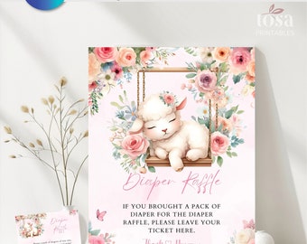 May include: A pink and white sign with a cute lamb on a swing surrounded by flowers. The sign says "Diaper Raffle" and includes the text "If you brought a pack of diaper for the diaper raffle, please leave your ticket here. Thank you."