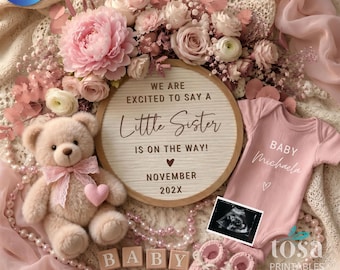 Graviditetsmeddelande för lillasyster för sociala medier, Mall för avslöjande av storebror, redigerbar Canvas digital babyflicka-nedladdning