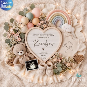 Rainbow Baby Pregnancy Announcement Template, After Every Storm There Is A Rainbow Digital Reveal, Neutral Boho Editable Canva Download