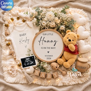 May include: A white baby bodysuit with the text Baby Kinsley, a round letter board reading Our Little Hunny Is On The Way! November 202X, a plush bear in a red shirt, a sonogram, wooden blocks spelling Baby, a honey dipper, and a Hunny pot.