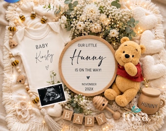 Faire-part de grossesse Winnie l'ourson numérique, Révélation Our Little Hunny is on the Way, modèle de révélation bébé ourson sur les réseaux sociaux modifiable