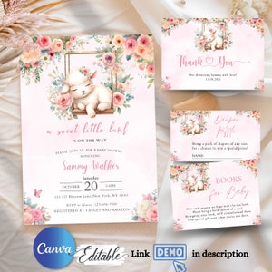 Lamb Baby Shower Invitation Template: Floral Girl Theme (Canva Editable, Digital Download)