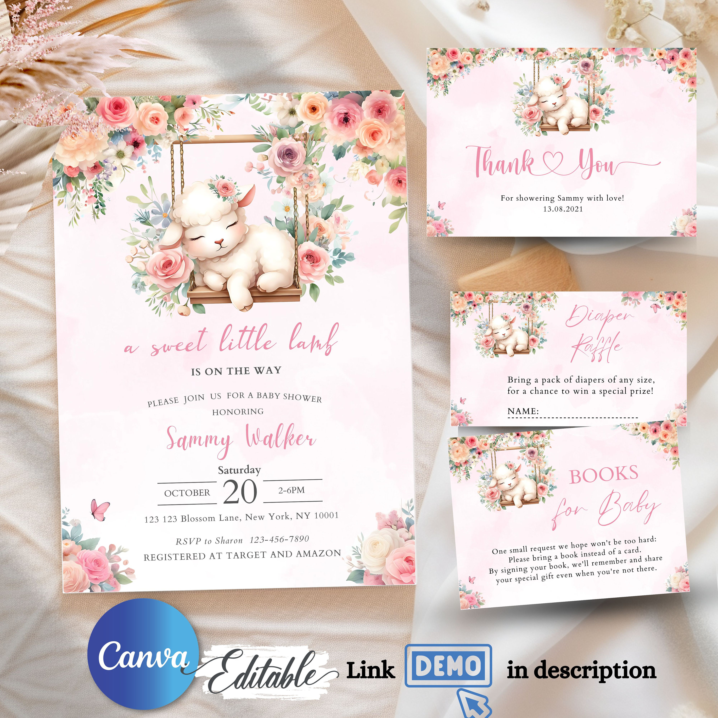 EDITABLE Lamb Baby Shower Invitation Template INSTANT DOWNLOAD Canva Template Sheep Baby Shower Invitation Bundle Printable for Girls TSP24