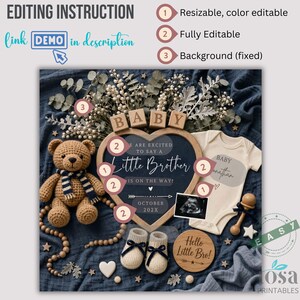 May include: A baby announcement featuring a teddy bear, baby clothes, and wooden blocks spelling "BABY." The announcement includes the text "Little Brother is on the way!" and a sonogram image. The color scheme is soft, with a navy blue background.