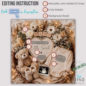 May include: A digital baby announcement template featuring a heart-shaped letter board with the text WE'VE BEEN KEEPING A LITTLE SECRET ARRIVING NOVEMBER 202X, a teddy bear, baby onesie, knitted booties, ultrasound photo, and floral arrangement.