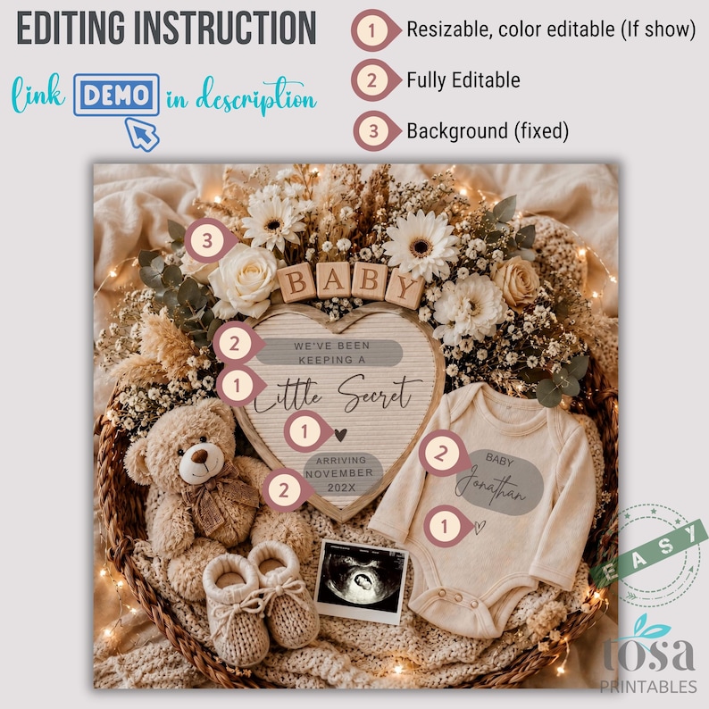 May include: A digital baby announcement template featuring a heart-shaped letter board with the text WE'VE BEEN KEEPING A LITTLE SECRET ARRIVING NOVEMBER 202X, a teddy bear, baby onesie, knitted booties, ultrasound photo, and floral arrangement.