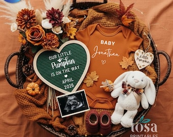 Little Pumpkin Pregnancy Announcement Fall Baby Reveal Card Halloween Maternity Digital Download October Autumn Printable Canva Template