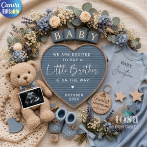 May include: A baby announcement with a teddy bear, ultrasound image, and blue baby clothes. The announcement includes a heart-shaped sign that reads "We are excited to say a Little Brother is on the way!" and the text "October 202X".