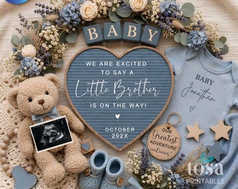 Little Brother on the Way Pregnancy Announcement for Boy, Digital Canva Template for Social Media, Baby Boy Reveal, Editable Blue Baby News