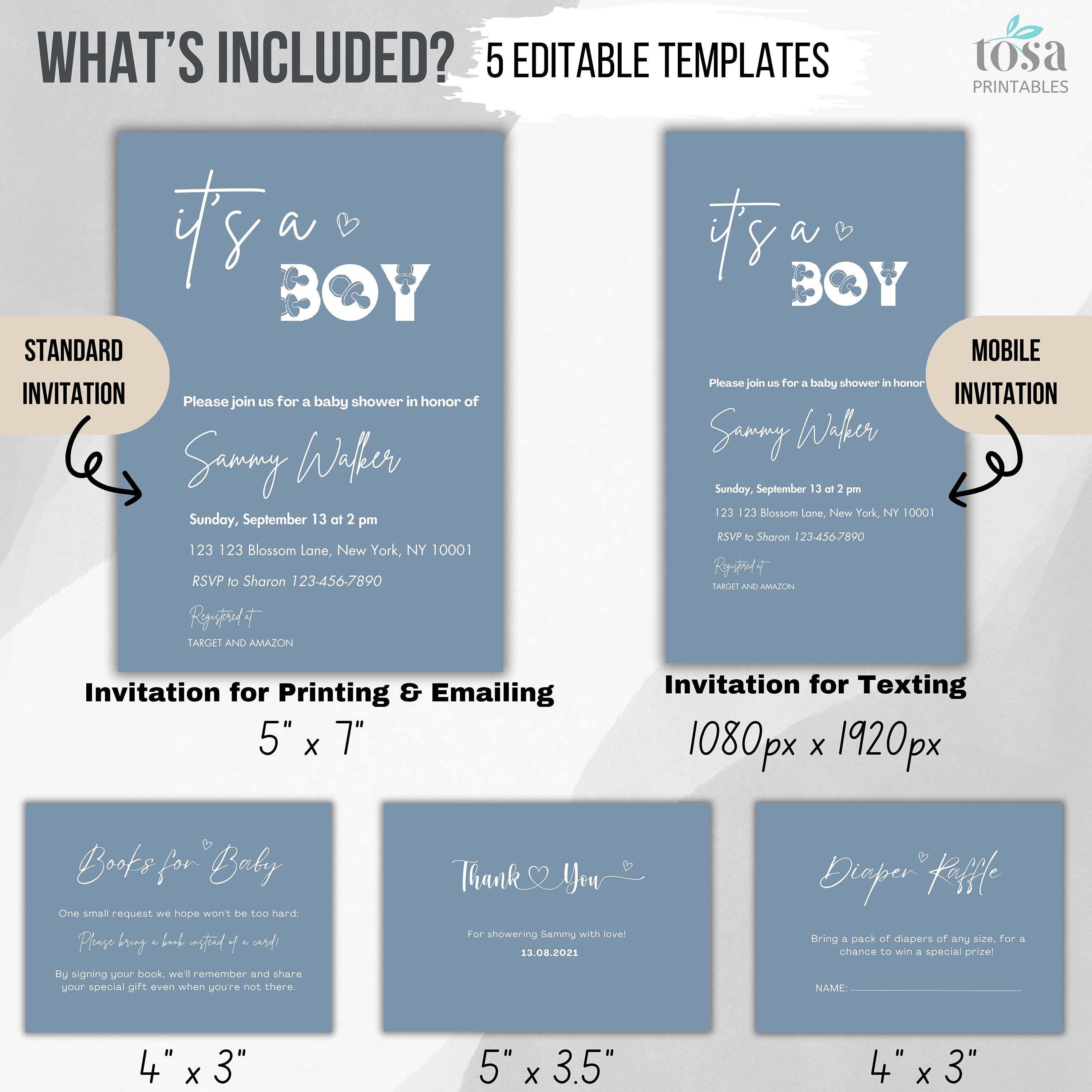 EDITABLE Boho Minimalist Baby Shower Invitation Bundle Boy Blue Baby ...