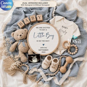 May include: A baby announcement set featuring a round letter board with the text WE ARE EXCITED TO SAY A Little Boy IS ON THE WAY! ARRIVING SEPTEMBER 202X, a beige teddy bear, a cream onesie, baby booties, wooden blocks, and a sonogram photo.