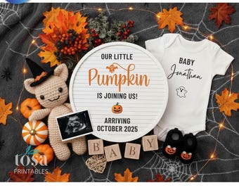 Little Pumpkin Pregnancy Announcement Fall Baby Reveal Card Halloween Maternity Digital Download October Autumn Printable Canva Template