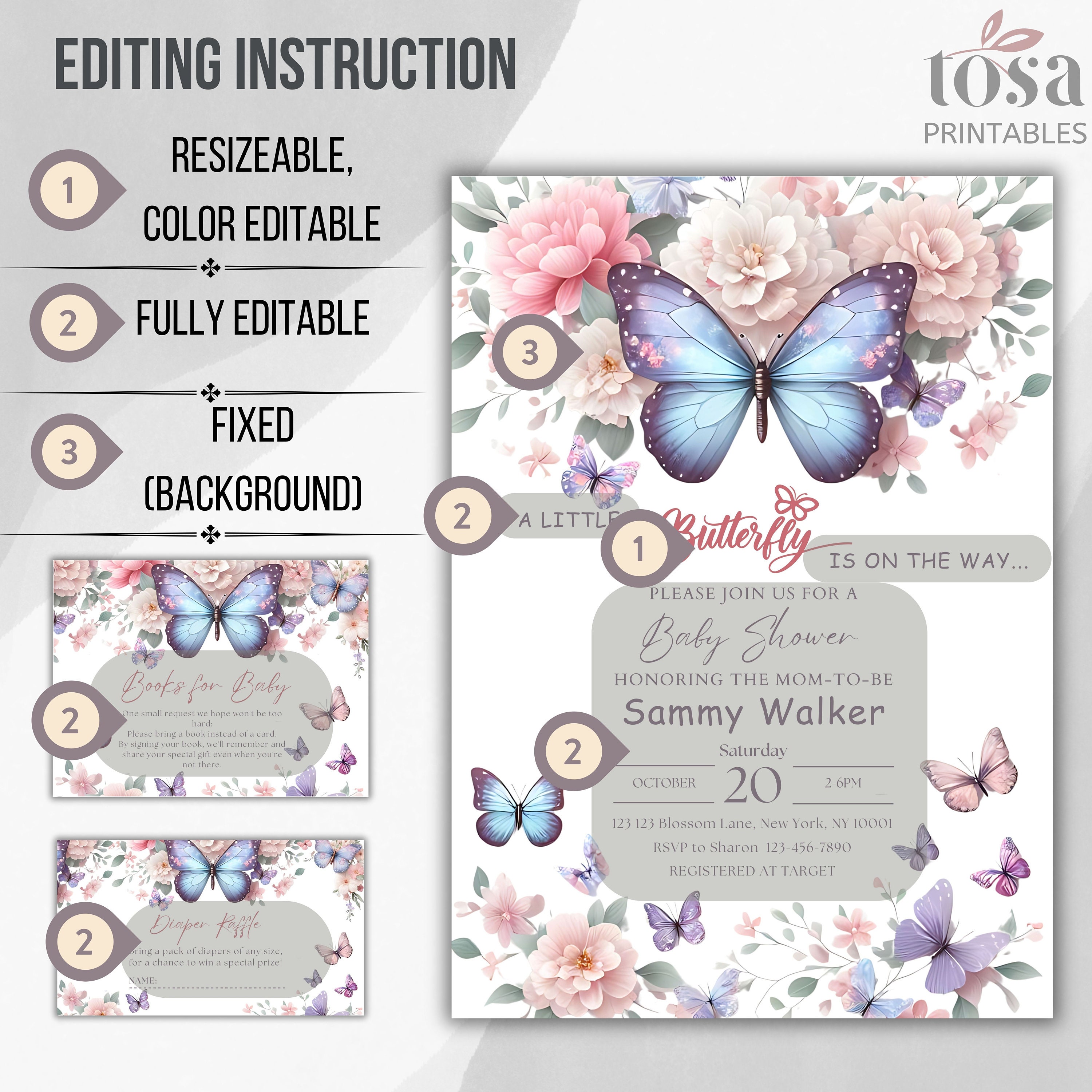 Butterfly Baby Shower Invitation Set: Editable Canva Template (digital ...