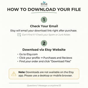 May include: A white graphic with instructions on how to download a file from Etsy. The text includes steps to check email and download via the Etsy website. A note indicates downloads are not available on the Etsy app.
