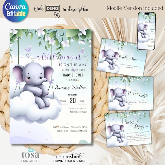 Purple Elephant Baby Little Peanut Baby Shower Invitations
