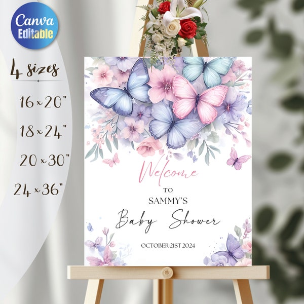 Plaque de bienvenue papillon baby shower, modèle de signe papillon baby shower, baby shower fille sexe, signe de baby shower modifiable, toile TSP16